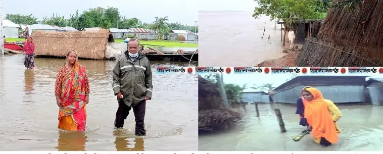 নীলফামারীতে বন্যার পানি রাস্তা ঘরবাড়ি ফসলি জমির উপর দিয়ে প্রবাহিত