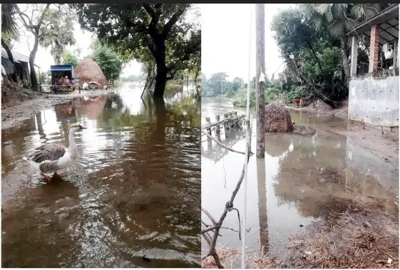 সাপাহারে সীমান্তবর্তী গ্রামগুলো বন্যার পানিতে প্লাবিত