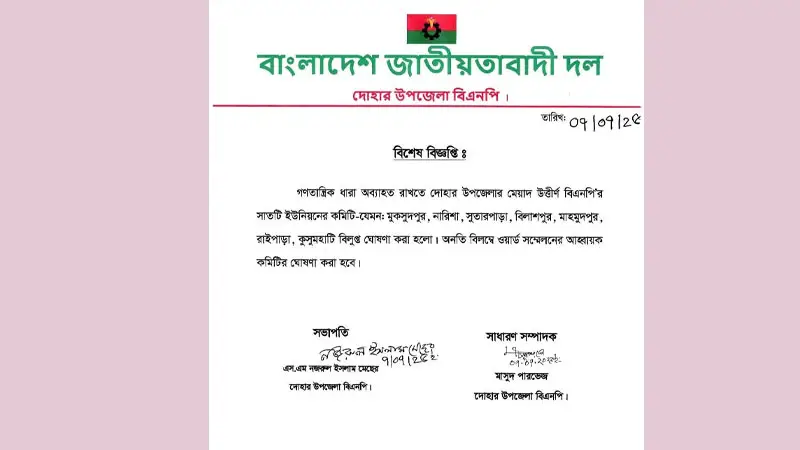 দোহার বিএনপিতে একসাথে ৭ কমিটি বিলুপ্ত ঘোষণা দোহার বিএনপিতে একসাথে ৭ কমিটি বিলুপ্ত ঘোষণা