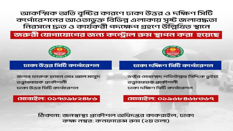ঢাকায় হঠাৎ অতি বৃষ্টিতে জলাবদ্ধতা: উত্তর ও দক্ষিণ সিটিতে জরুরি কন্ট্রোল রুম স্থাপন ঢাকায় হঠাৎ অতি বৃষ্টিতে জলাবদ্ধতা: উত্তর ও দক্ষিণ সিটিতে জরুরি কন্ট্রোল রুম স্থাপন