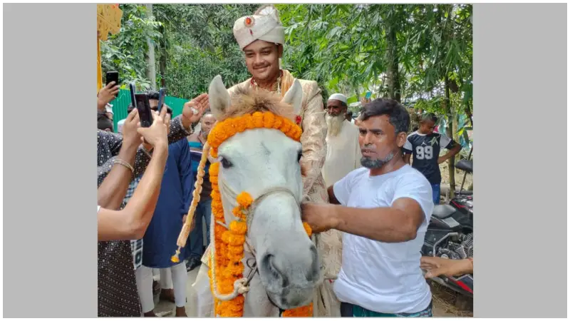 ঘোড়ায় চড়ে কনের বাড়িতে বর, দেখতে উৎসুক মানুষের ভিড় ঘোড়ায় চড়ে কনের বাড়িতে বর, দেখতে উৎসুক মানুষের ভিড়