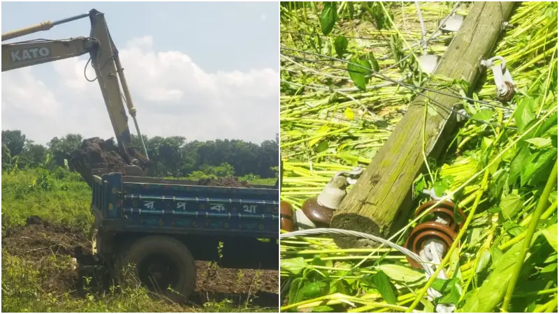 সরকারি খালের মাটি কেটে বিক্রি, খুঁটি ভেঙে ২ দিন বিদ্যুৎহীন শতাধিক পরিবার সরকারি খালের মাটি কেটে বিক্রি, খুঁটি ভেঙে ২ দিন বিদ্যুৎহীন শতাধিক পরিবার