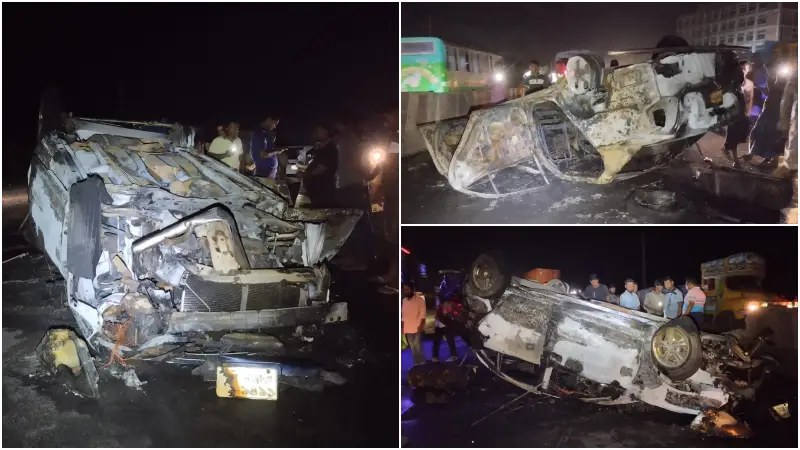 ধামরাইয়ে প্রাইভেট কার উল্টে আগুন ধামরাইয়ে প্রাইভেট কার উল্টে আগুন