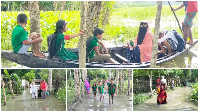 বর্ষা মৌসুমে পানিতে ডুবে থাকে সড়ক, যাতায়াতের একমাত্র ভরসা এখন নৌকা বর্ষা মৌসুমে পানিতে ডুবে থাকে সড়ক, যাতায়াতের একমাত্র ভরসা এখন নৌকা