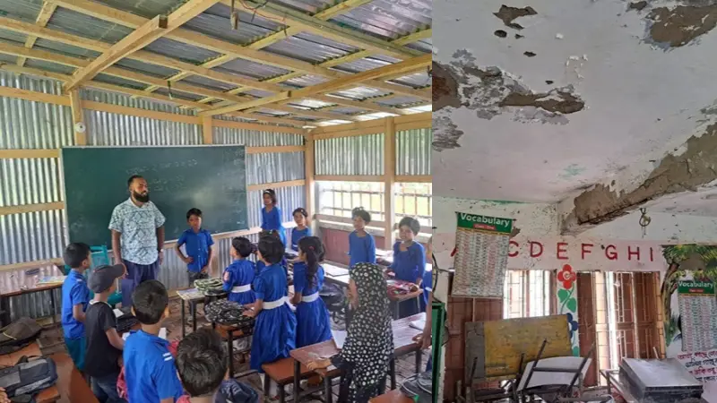 ঝুঁকিপূর্ণ স্কুল ভবন, টিনের ছাপরায় শিশুদের পাঠদান