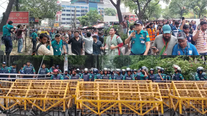 পুলিশের ব্যারিকেড ভেঙে যমুনার উদ্দেশে জবি শিক্ষক-শিক্ষার্থীরা পুলিশের ব্যারিকেড ভেঙে যমুনার উদ্দেশে জবি শিক্ষক-শিক্ষার্থীরা