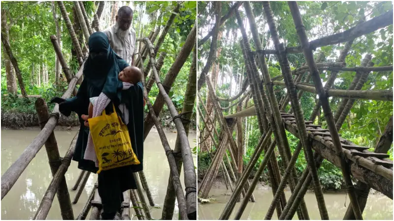 ঝুঁকিপূর্ণ বাঁশের সাঁকো দিয়ে পারাপার, দুর্ভোগে কয়েক হাজার মানুষ ঝুঁকিপূর্ণ বাঁশের সাঁকো দিয়ে পারাপার, দুর্ভোগে কয়েক হাজার মানুষ