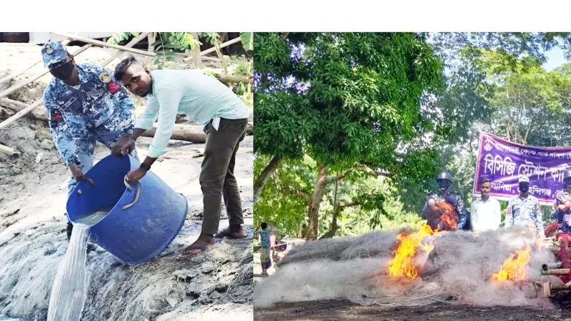মেঘনায় জব্দ গলদা রেণু পোনা অবমুক্ত, জাল পুড়িয়ে ধ্বংস