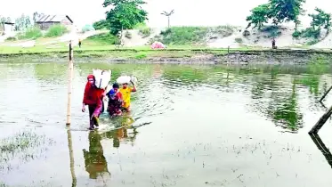 সাঁকো ভেঙে যাওয়ায় সাঁতরে নদী পার হচ্ছে মানুষ