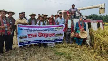 চুয়াডাঙ্গার ভোদুয়ায় কম্বাইন্ড হারভেস্টারের মাধ্যমে সমলয় চাষাবাদের বোরো ধান কাটা কাজের উদ্বোধন