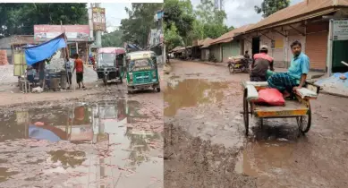 সিরাজগঞ্জের রায়গঞ্জের  হাটপাঙ্গাসী বাজারে মোড় এলাকায় সড়কের বেহাল অবস্থা