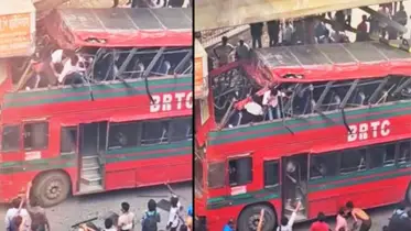 প্রতিযোগিতা করতে গিয়ে পিলারে ধাক্কা খেল বিআরটিসির দোতলা বাস