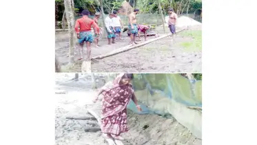 সড়কে খানাখন্দ, সাঁকো দিয়ে পার হচ্ছে মানুষ!