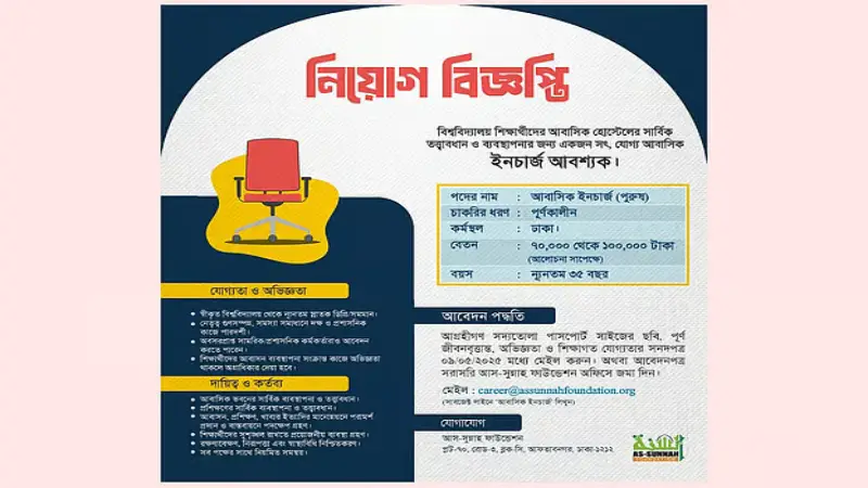 আস-সুন্নাহ ফাউন্ডেশনে চাকরির সুযোগ, বেতন সর্বোচ্চ ১ লাখ টাকা আস-সুন্নাহ ফাউন্ডেশনে চাকরির সুযোগ, বেতন সর্বোচ্চ ১ লাখ টাকা