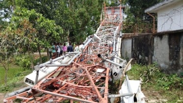 বকশীগঞ্জে ঝড়ে রাস্তার ওপর পড়ল মোবাইল টাওয়ার, অল্পের জন্য রক্ষা