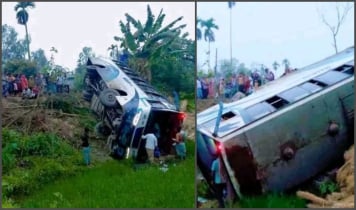 দেওয়ানগঞ্জে নিয়ন্ত্রণ হারিয়ে খাদে যাত্রীবাহী বাস, অল্পের জন্য বড় দুর্ঘ