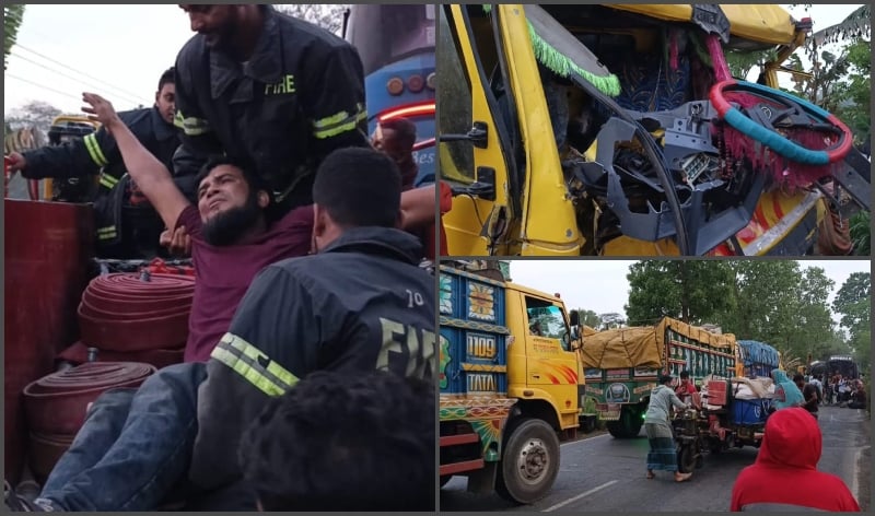 বাস-ট্রাক সংঘর্ষে আহত-১৫ মহাসড়কে যান চলাচল বন্ধ